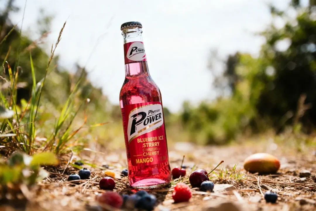 Bouteille de boisson fruitée sur sol extérieur, entourée de baies et fruits, arrière-plan flou.