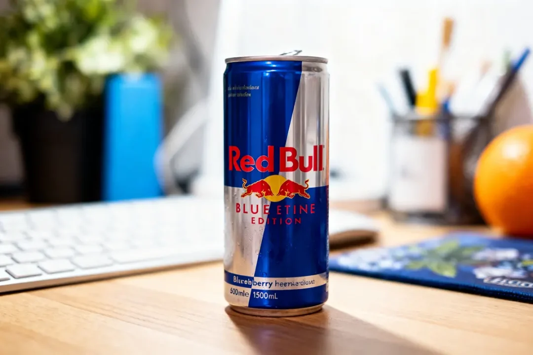 Canette de Red Bull Blue Edition myrtille, posée sur un bureau en bois, fond flou.