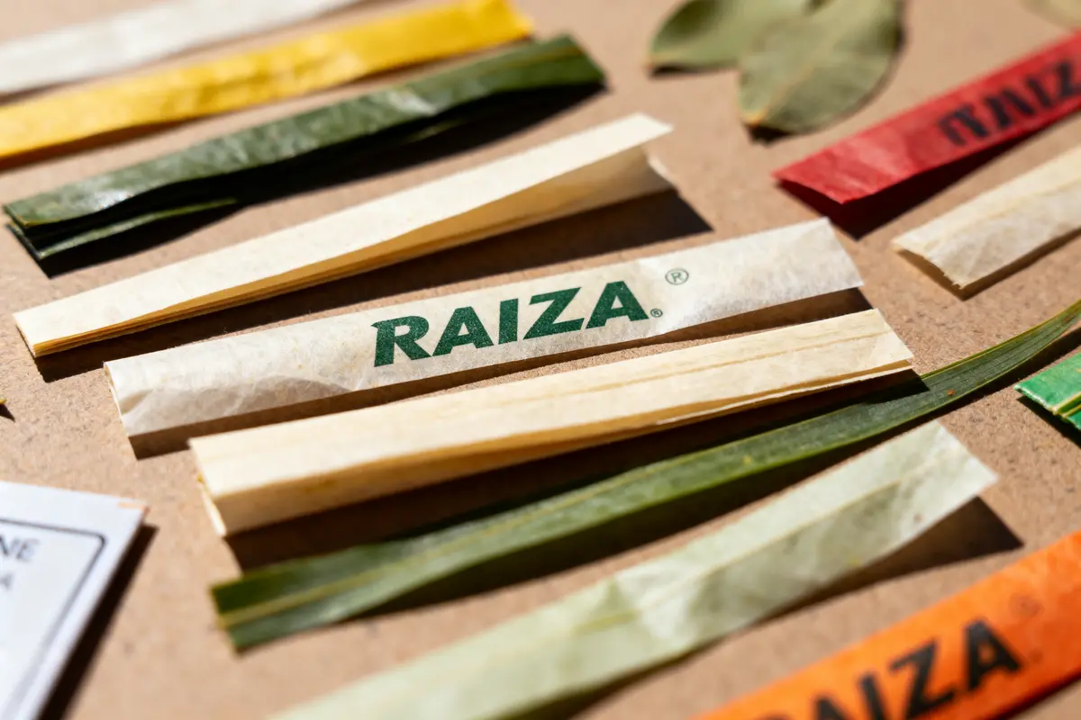 Bandelettes de papier à rouler de différentes couleurs, dont une blanche marquée "RAIZA", disposées sur une table.