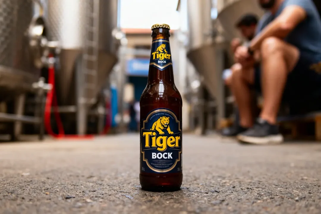 Bouteille de bière "Tiger Bock" posée au sol, entre cuves métalliques, avec personnes floues en arrière-plan.