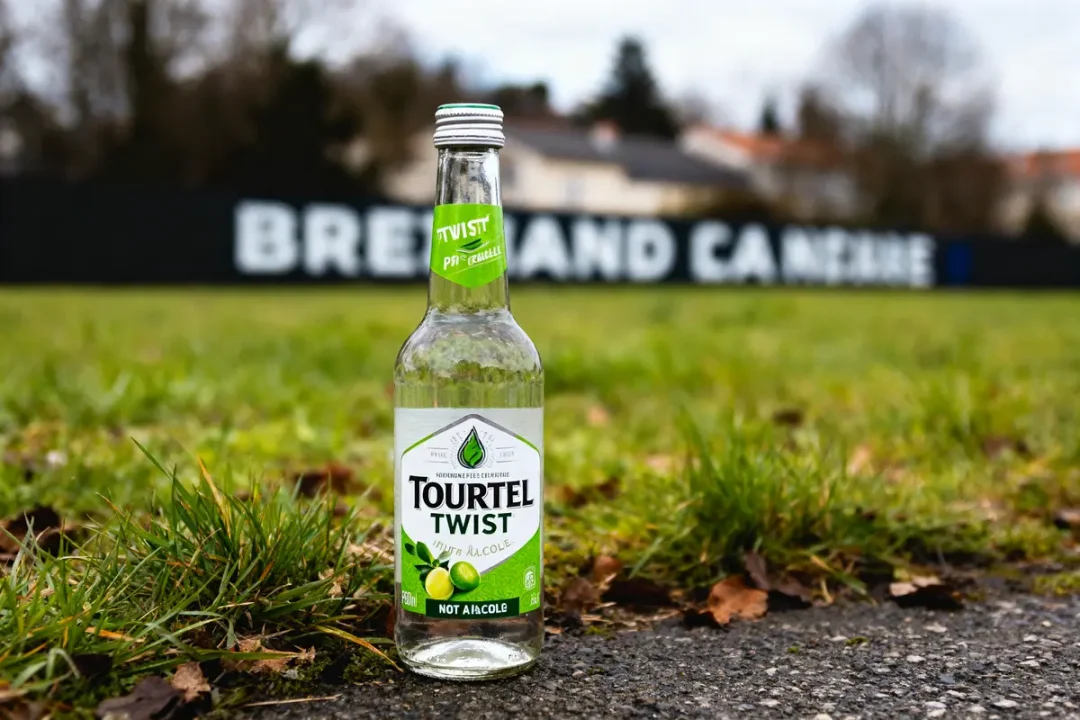 Bouteille de Tourtel Twist posée sur l'herbe avec panneaux flous en arrière-plan.