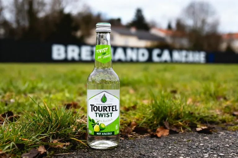 Bouteille de Tourtel Twist posée sur l'herbe avec panneaux flous en arrière-plan.