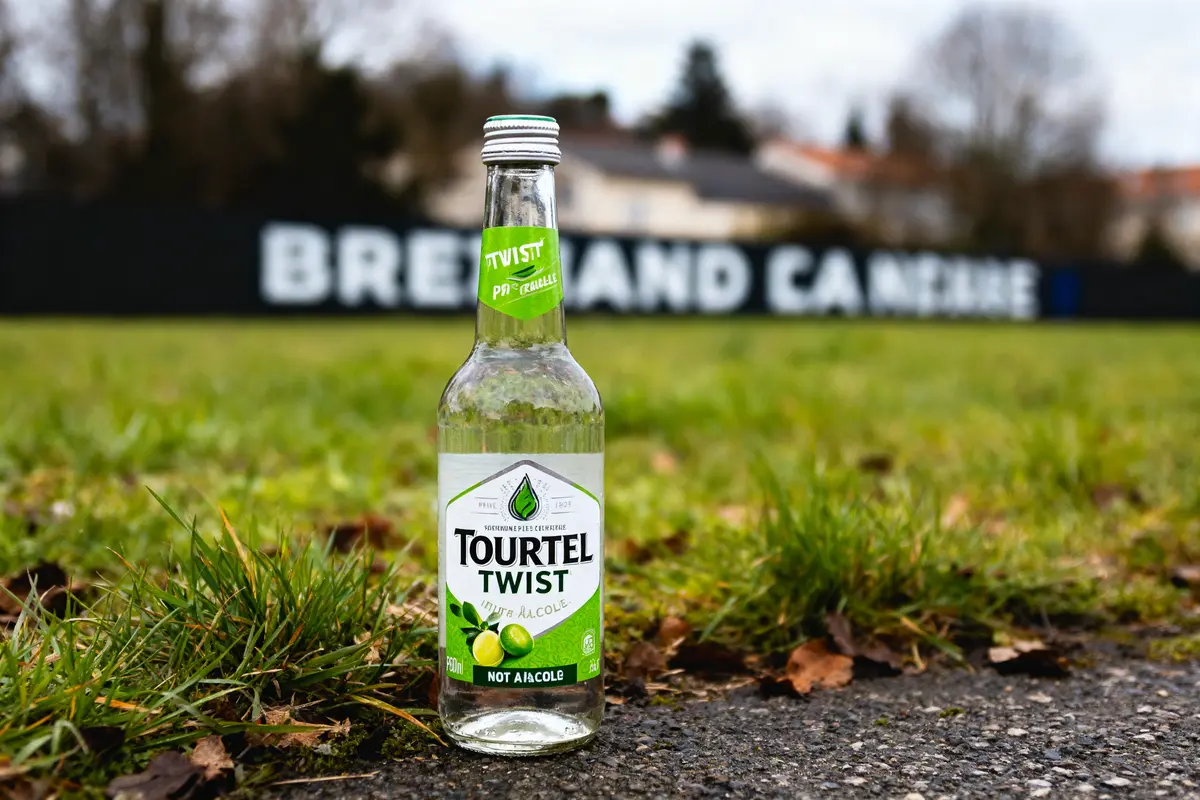 Bouteille de Tourtel Twist posée sur l'herbe avec panneaux flous en arrière-plan.