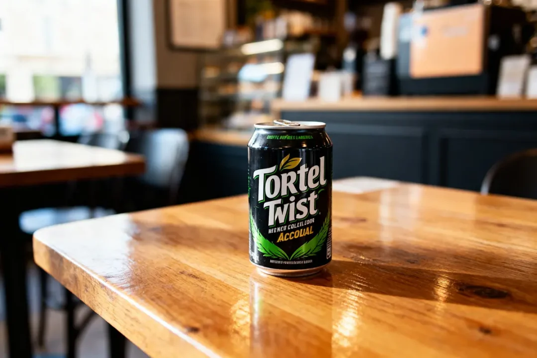 Canette "Tortel Twist" sur table en bois dans un café flou en arrière-plan.