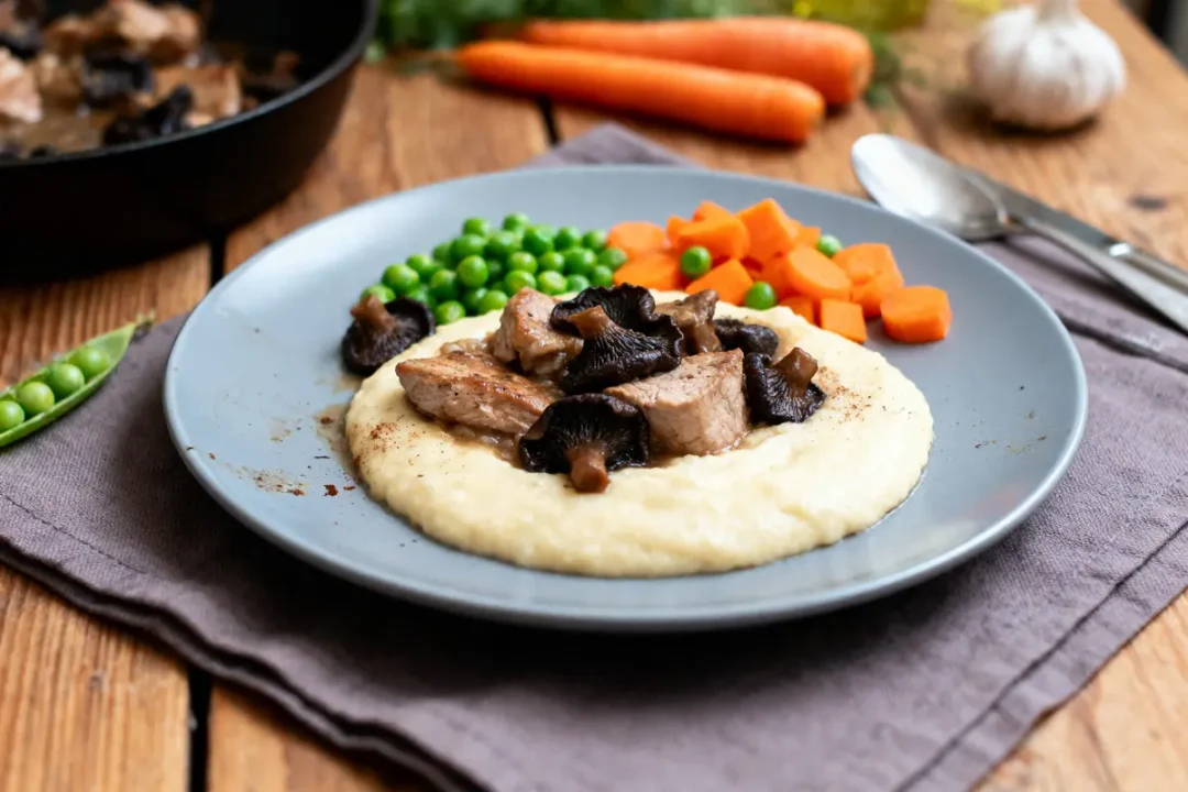 Assiette de purée avec morceaux de viande, champignons, pois verts et carottes sur table en bois.