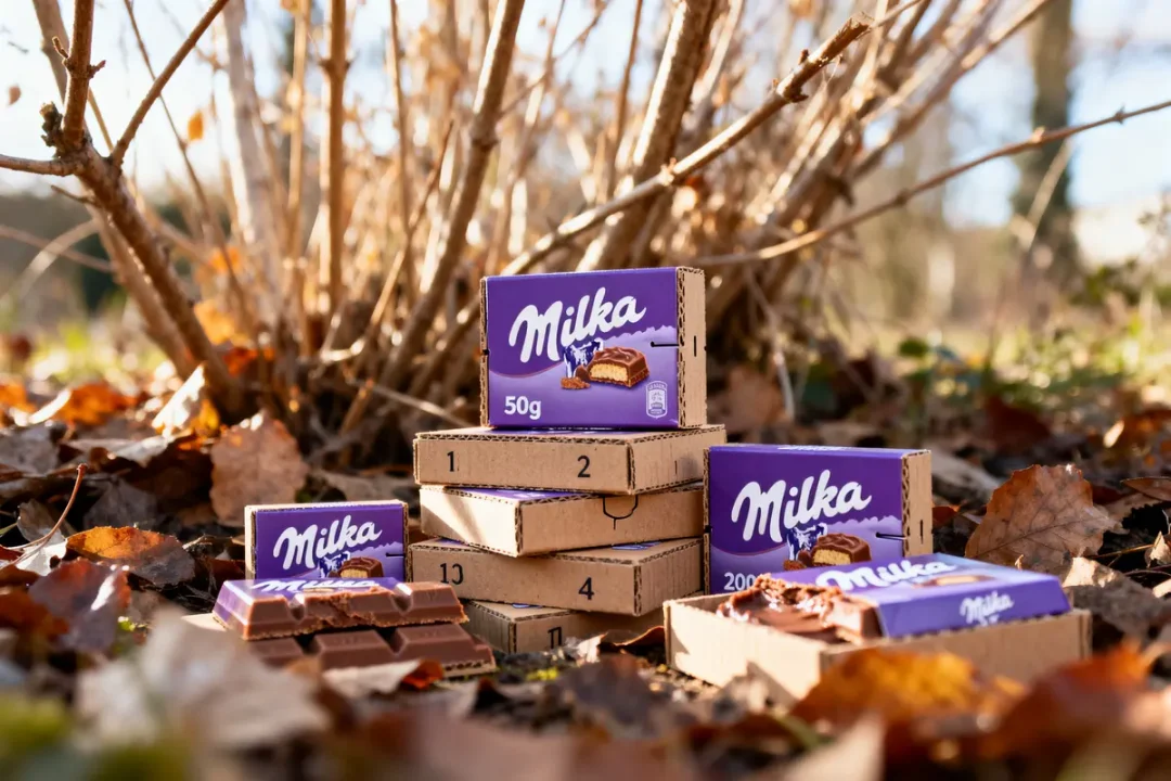 Tablettes de chocolat Milka et boîtes en carton empilées, extérieur automnal avec feuilles mortes.