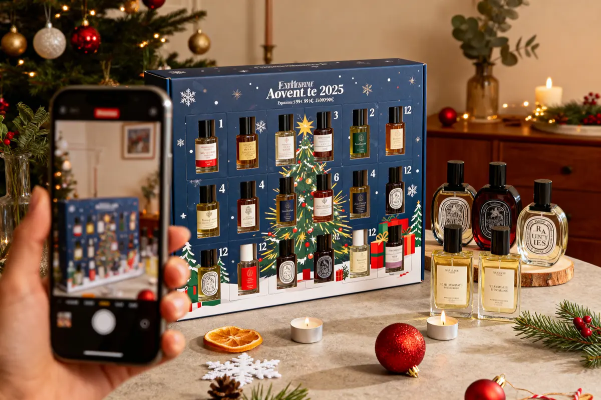 Calendrier de l'Avent parfums sur table, décorations de Noël, smartphone prenant photo, ambiance festive et chaleureuse.