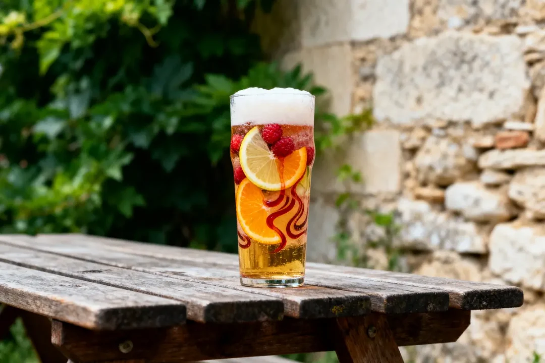 Verre de bière colorée sur table en bois, avec tranches d'orange, citron, framboises et décoration rouge.