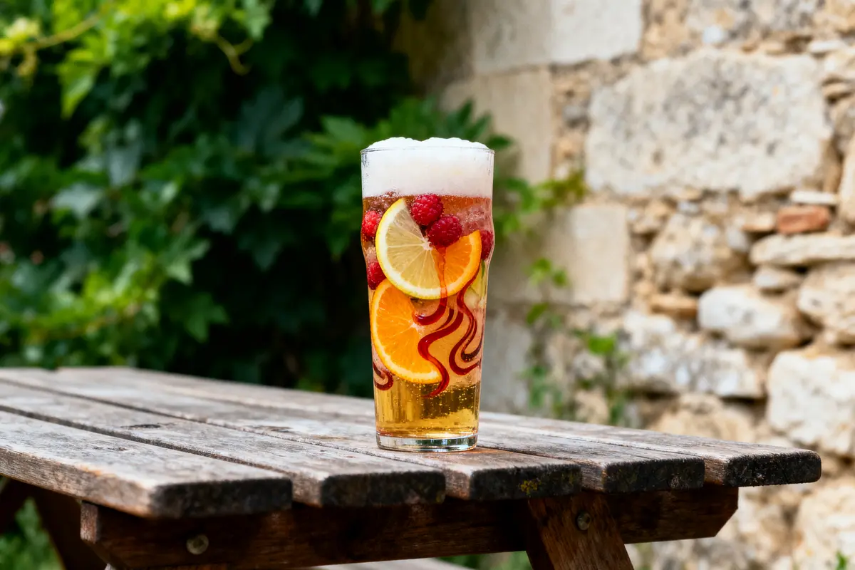 Verre de bière colorée sur table en bois, avec tranches d'orange, citron, framboises et décoration rouge.