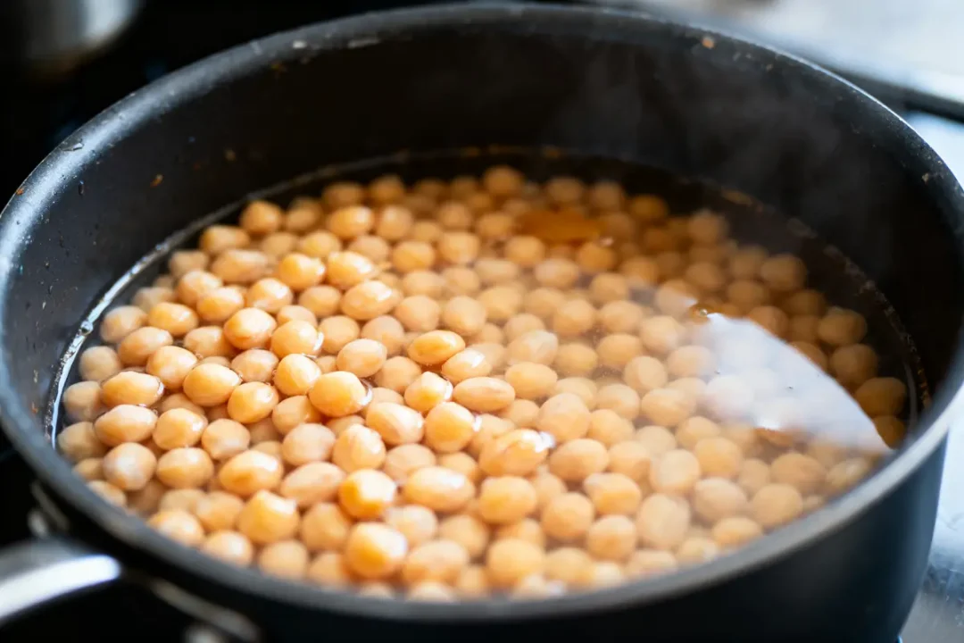 Pois chiches en train de mijoter dans une casserole remplie d’eau bouillante sur une cuisinière.