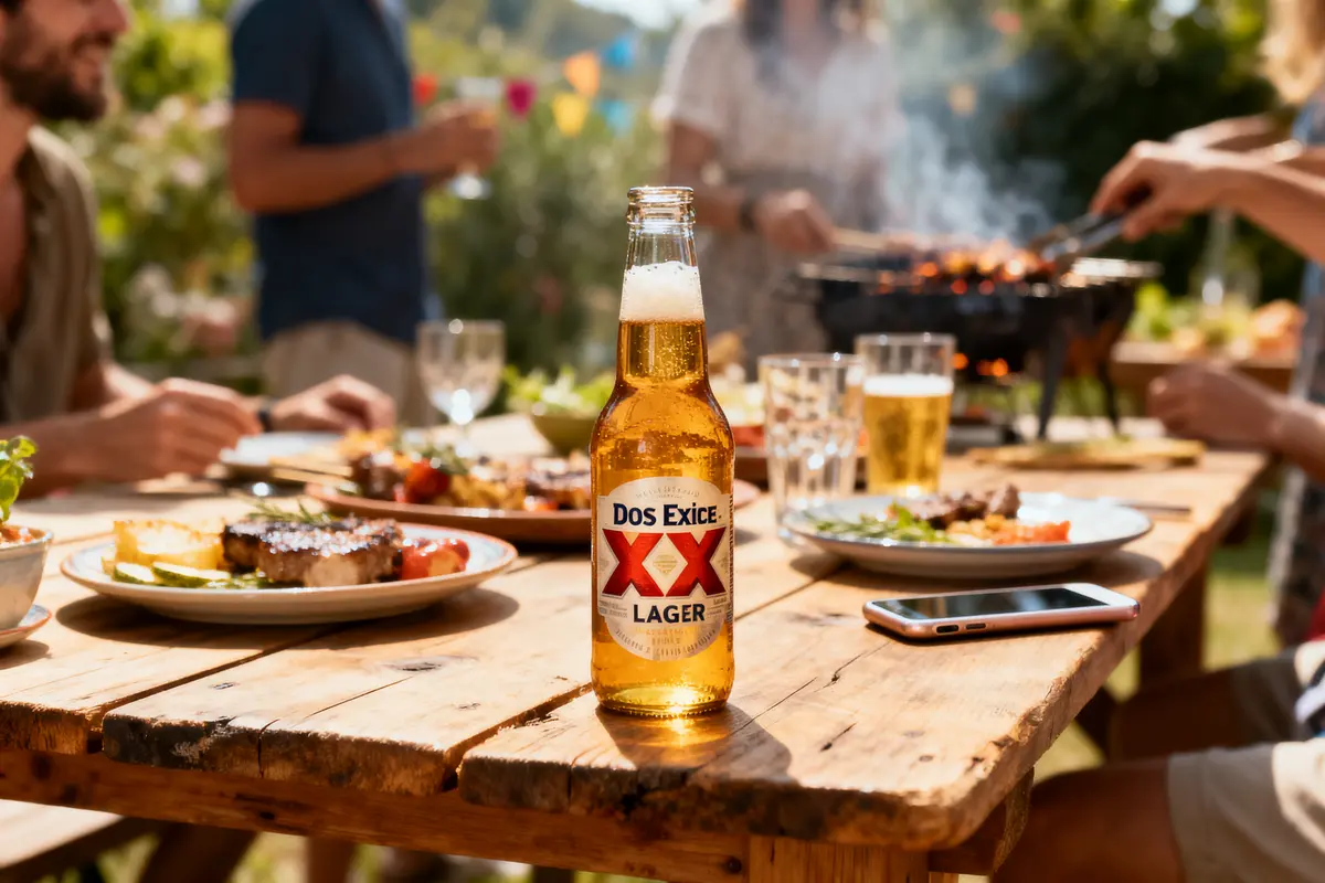 Bouteille de bière sur table en bois, barbecue en arrière-plan, personnes discutant et mangeant. Moment convivial extérieur.