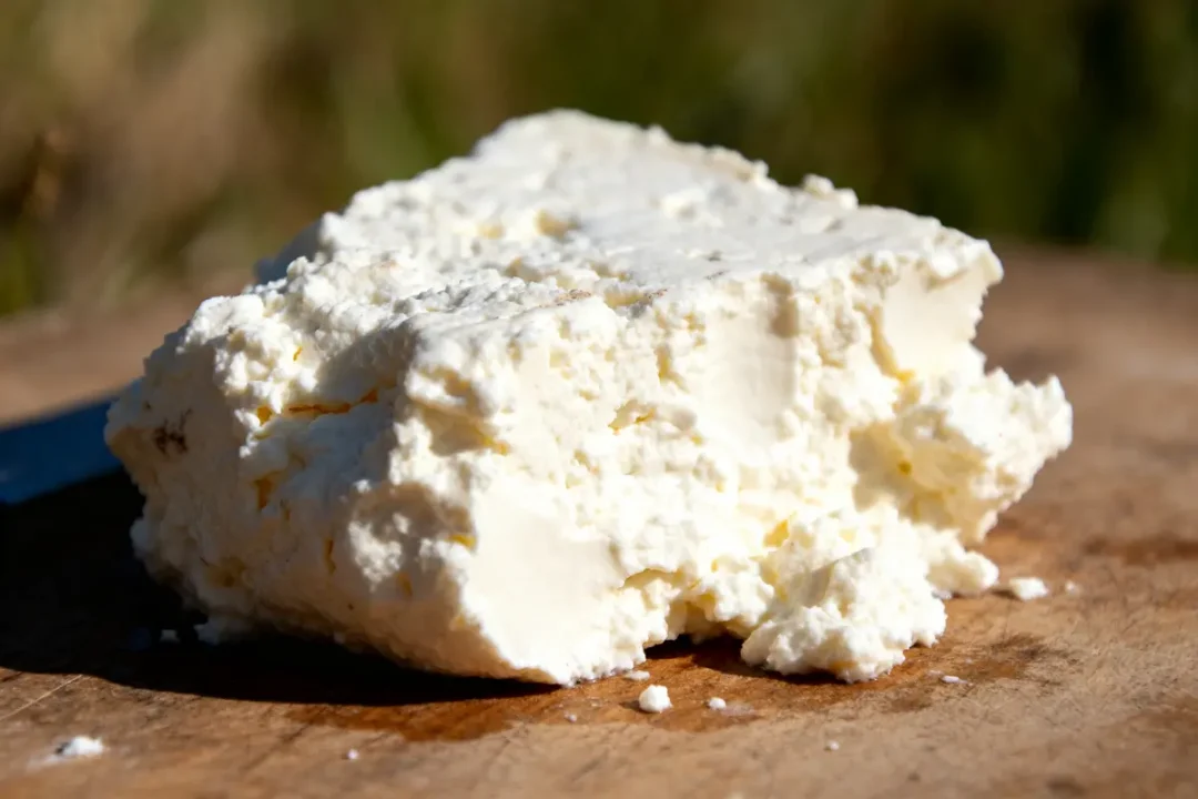 Un morceau de fromage blanc friable sur une planche en bois, en plein air et éclairée par le soleil.