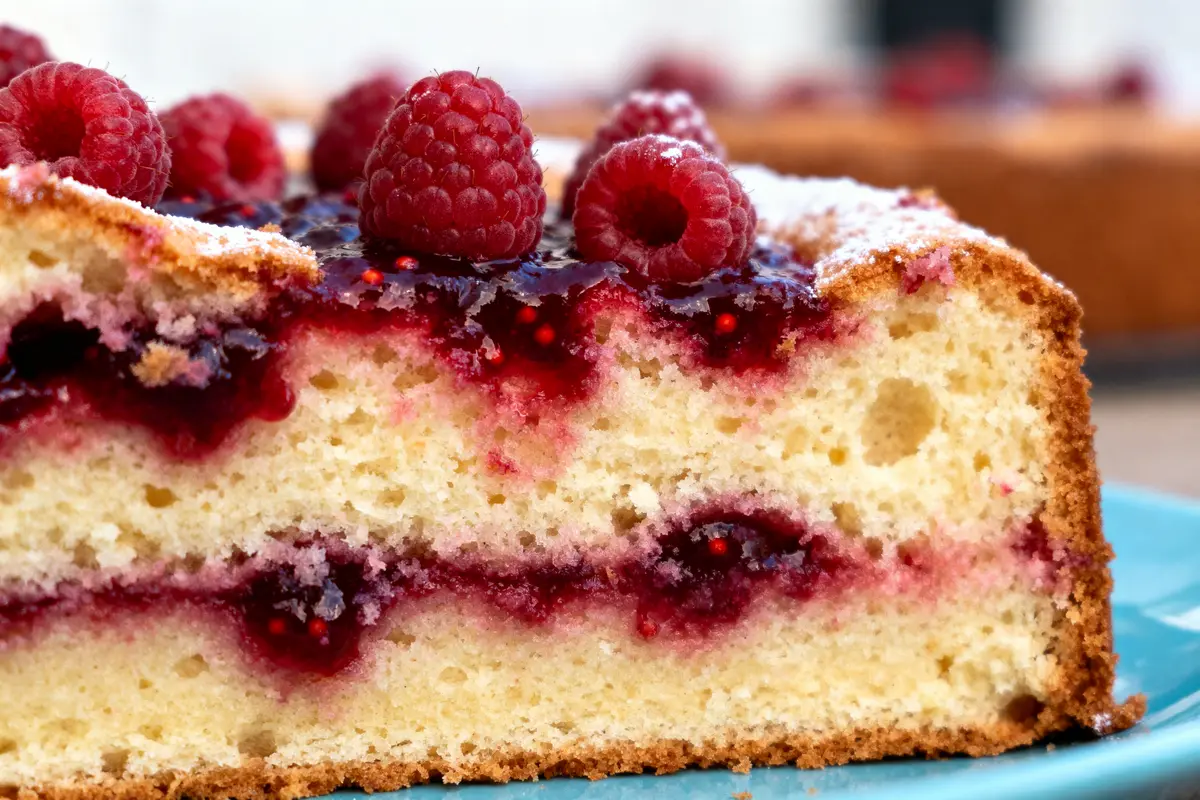 Gros plan d'une part de gâteau avec confiture et framboises, sur une assiette bleue.
