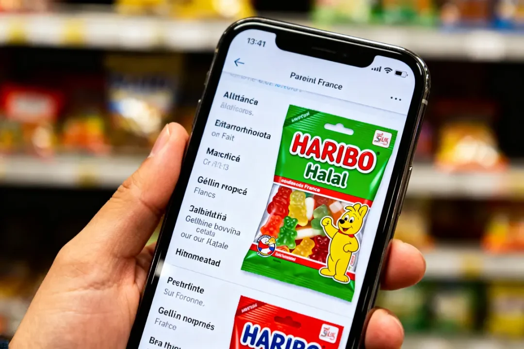 Main tenant un smartphone affichant un paquet de bonbons Haribo Halal en magasin.