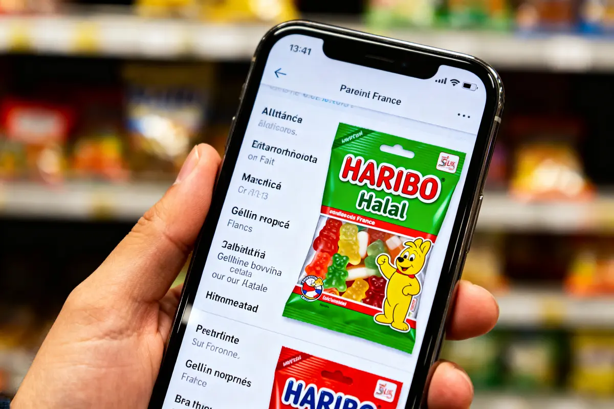 Main tenant un smartphone affichant un paquet de bonbons Haribo Halal en magasin.
