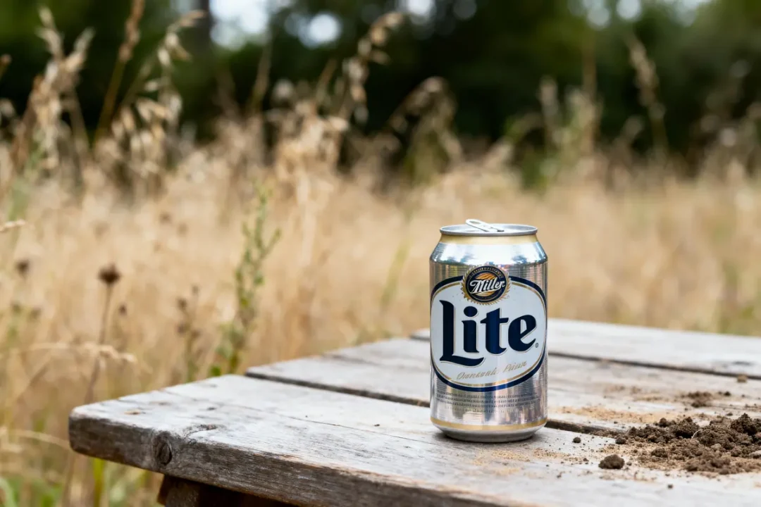 Canette de bière "Lite" sur table en bois, fond paysage champêtre flou.