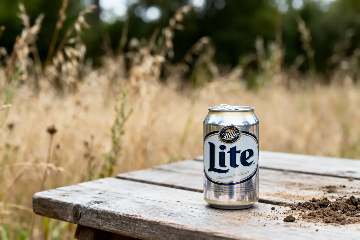 Canette de bière "Lite" sur table en bois, fond paysage champêtre flou.