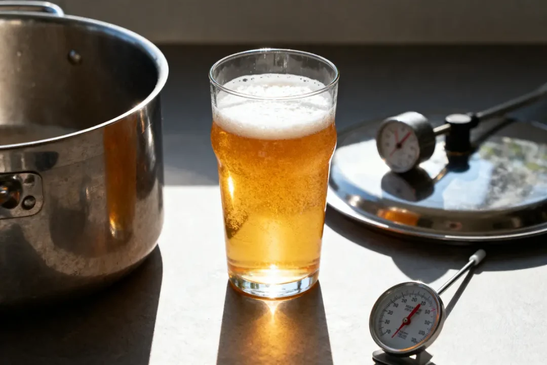Verre de bière pétillante sur une table, à côté d'une casserole et d'un thermomètre.