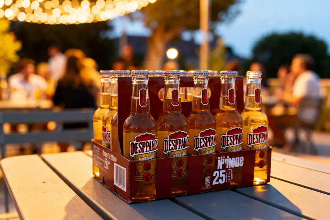 Pack de bières Desperados sur table de terrasse, lumière de guirlande en arrière-plan, personnes floues discutant.