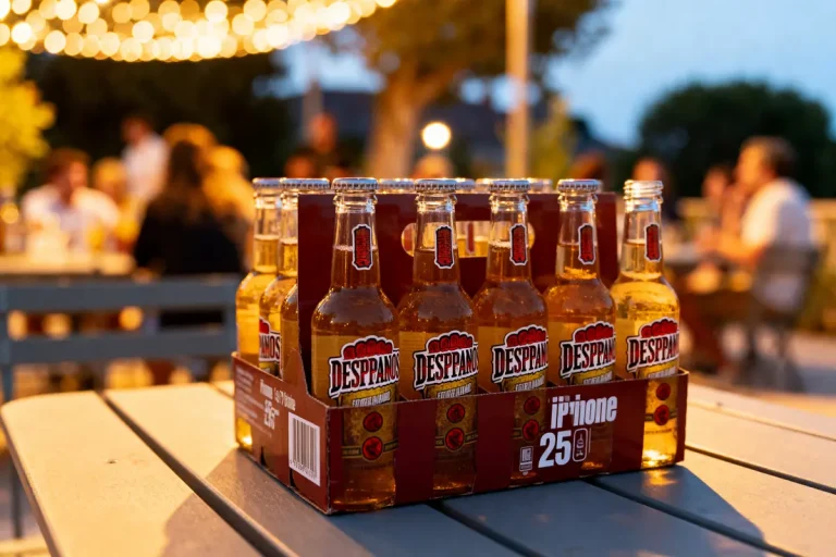 Pack de bières Desperados sur table de terrasse, lumière de guirlande en arrière-plan, personnes floues discutant.