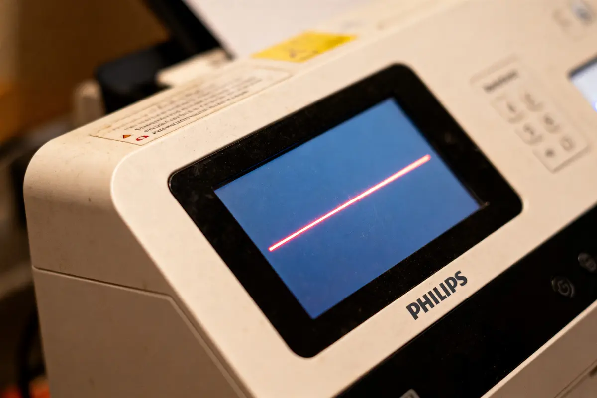 Écran de dispositif Philips avec ligne rouge horizontale, affichage lumineux, détail en gros plan.