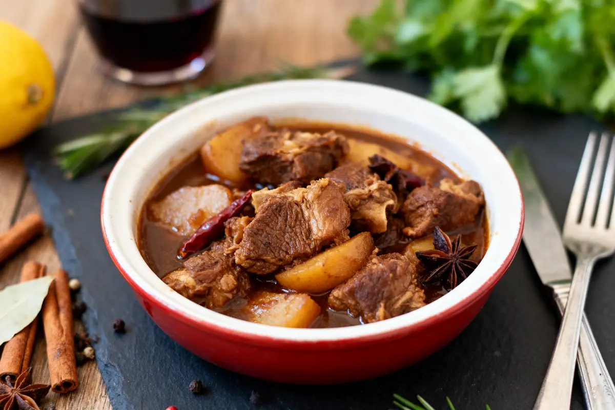 Plat de ragoût de viande et pommes de terre avec épices, sur une table en bois.