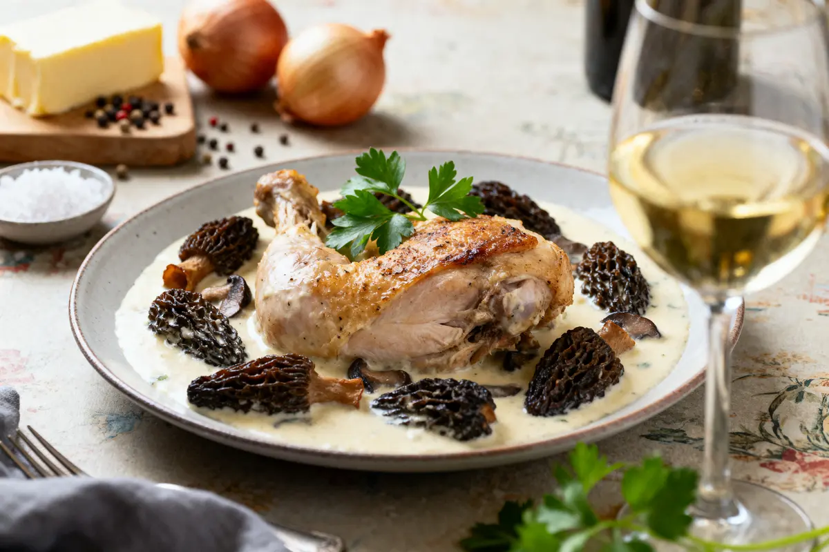 Poulet rôti sauce crème, morilles, persil, avec verre de vin blanc et ingrédients en arrière-plan.