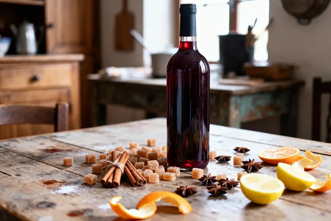 Bouteille de vin rouge, bâtons de cannelle, sucre, étoile de badiane, agrumes sur table en bois.