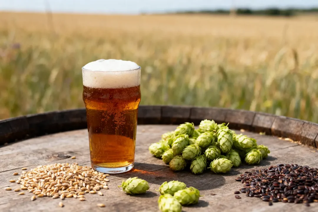 Verre de bière mousseuse avec houblon, grains et malt, posé sur baril en plein champ agricole.