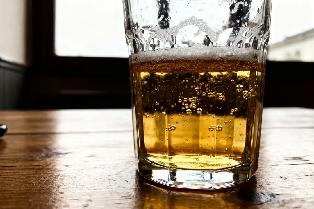 Verre de bière sur table en bois, avec bulles et mousse, devant une fenêtre floue.