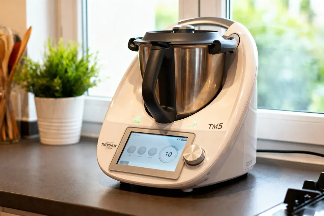 Robot culinaire blanc TM5 sur un comptoir de cuisine, près d'une fenêtre et d'une plante verte.