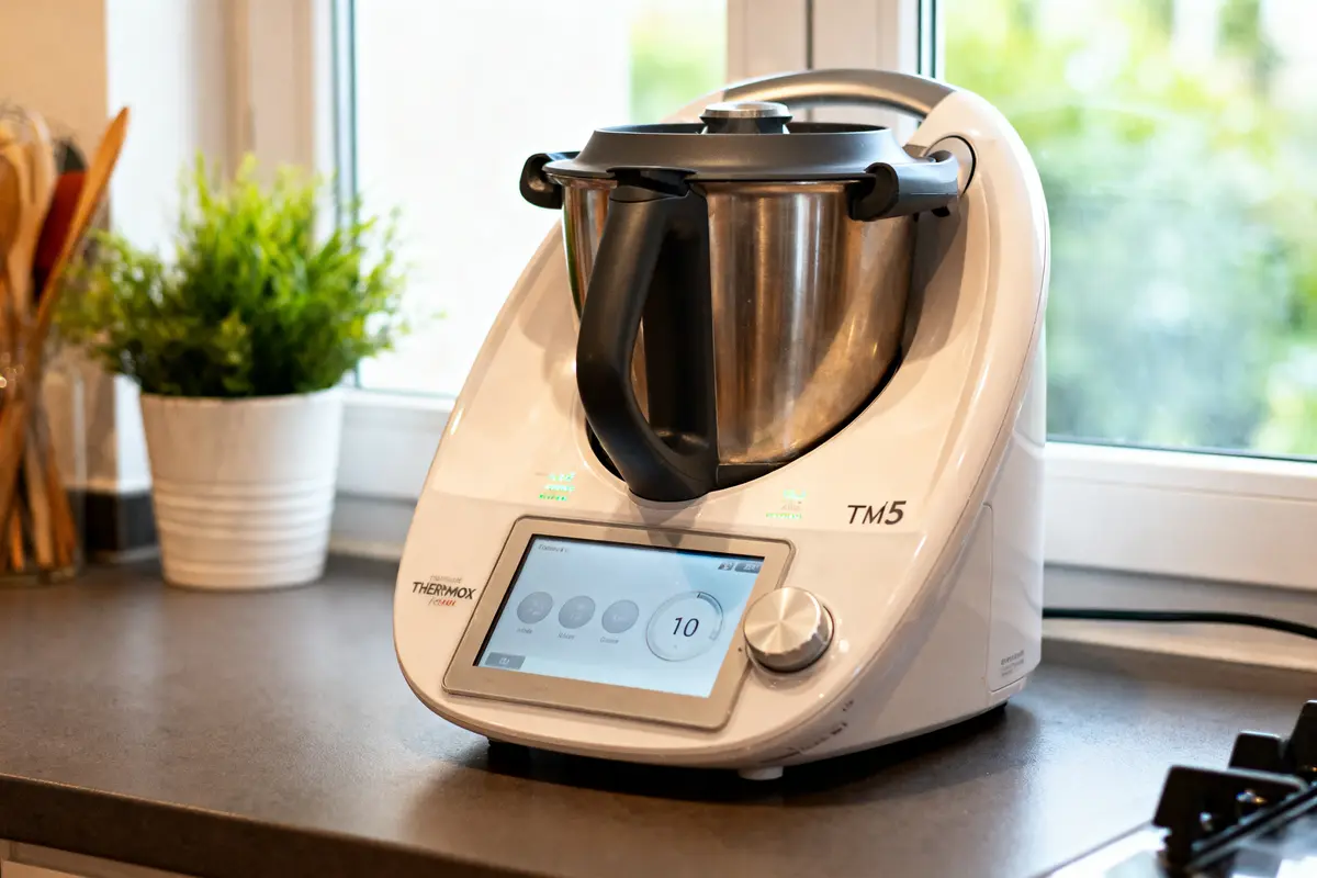 Robot culinaire blanc TM5 sur un comptoir de cuisine, près d'une fenêtre et d'une plante verte.