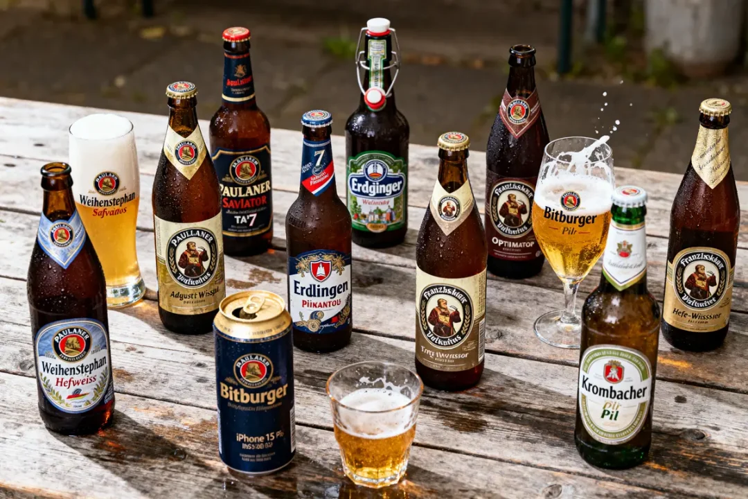 Bouteilles de bière et verres pleins sur une table en bois à l'extérieur. Diverses marques allemandes visibles.