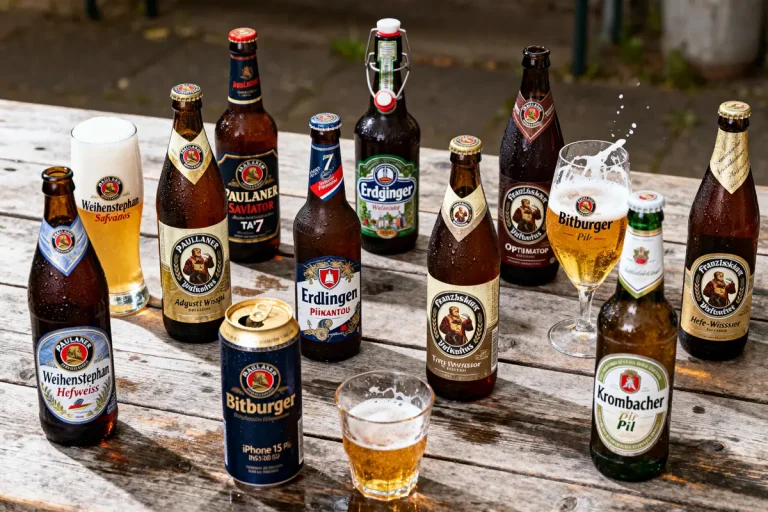 Bouteilles de bière et verres pleins sur une table en bois à l'extérieur. Diverses marques allemandes visibles.