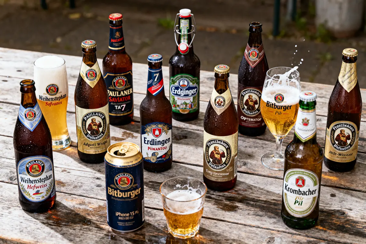 Bouteilles de bière et verres pleins sur une table en bois à l'extérieur. Diverses marques allemandes visibles.