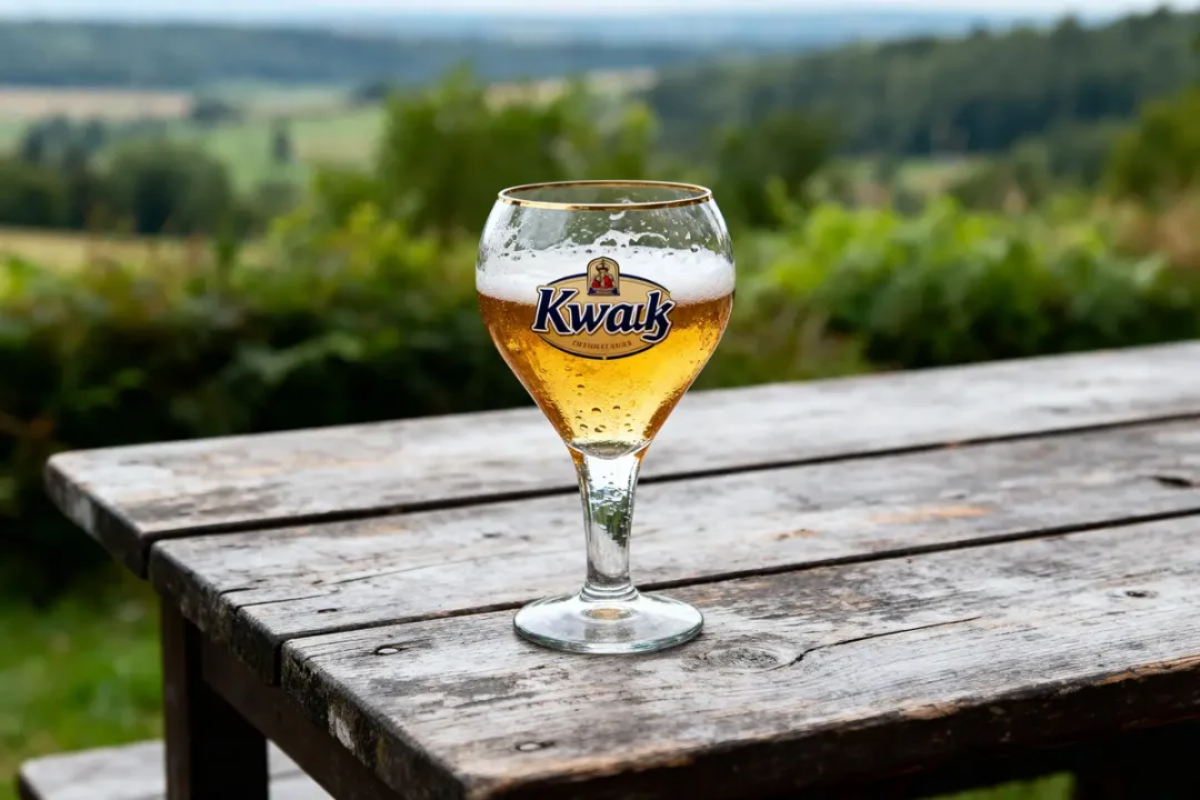 Verre de bière Kwak sur une table en bois, arrière-plan de paysage verdoyant flou.
