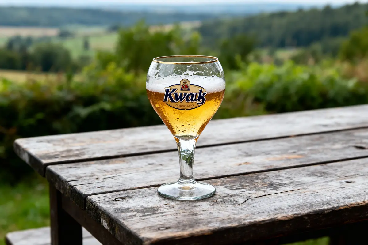Verre de bière Kwak sur une table en bois, arrière-plan de paysage verdoyant flou.