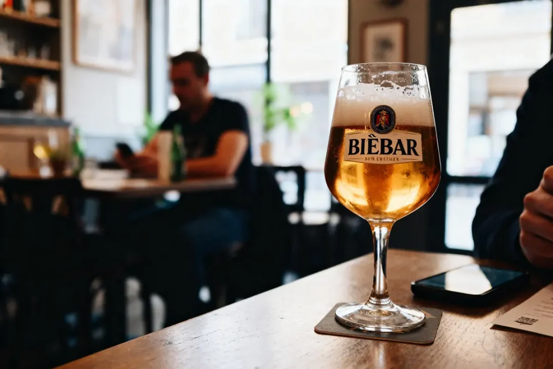 Verre de bière Barbar sur table en café avec ambiance détendue et client arrière-plan