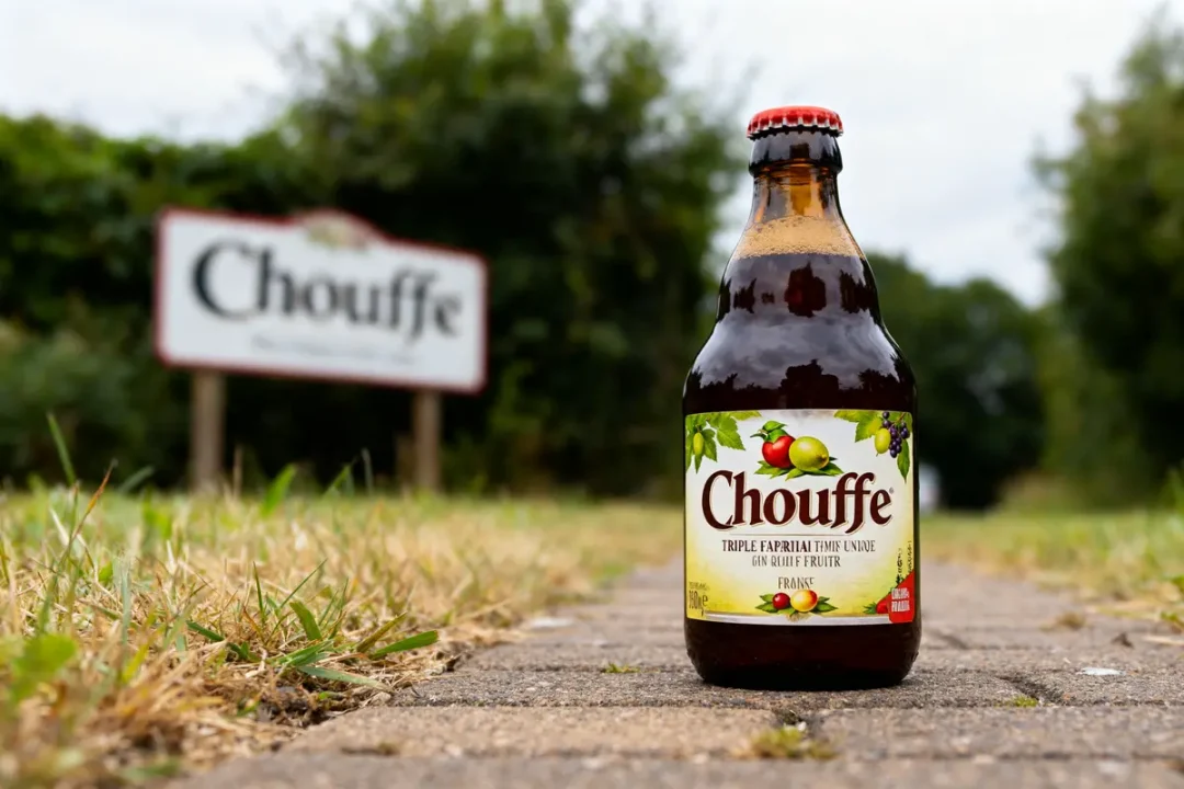 Bouteille de bière Chouffe sur chemin en plein air devant panneau Chouffe flouté