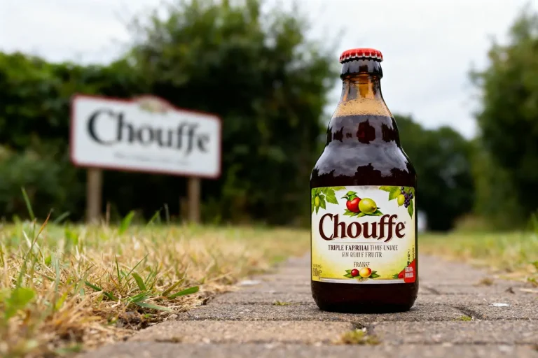 Bouteille de bière Chouffe sur chemin en plein air devant panneau Chouffe flouté