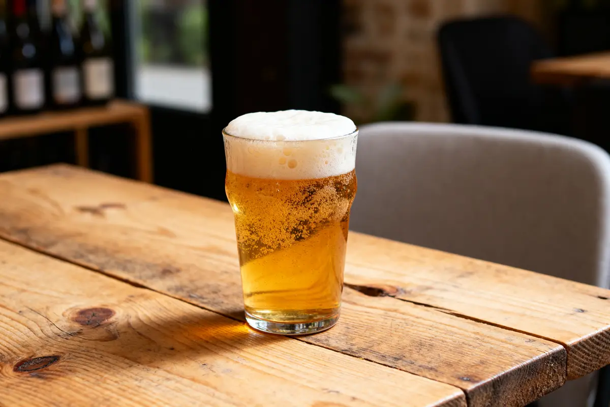 Verre de bière Delirium Tremens avec mousse sur une table en bois dans un café