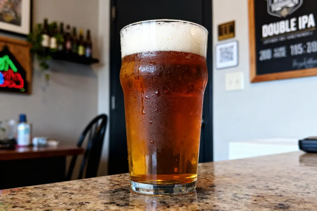 Verre de bière Double IPA ambrée avec mousse posé sur un comptoir de bar