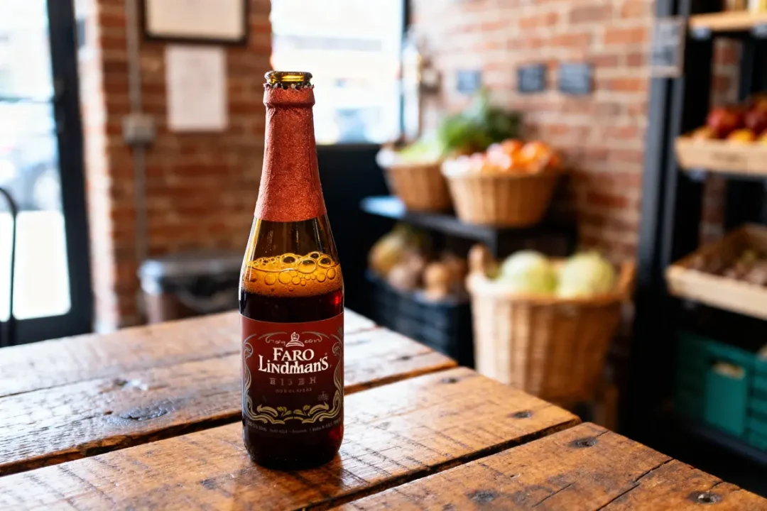 Bouteille de bière Faro sur une table en bois dans un magasin rustique.