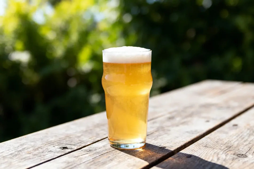Verre de bière Gose dorée sur table en bois en extérieur lumineux