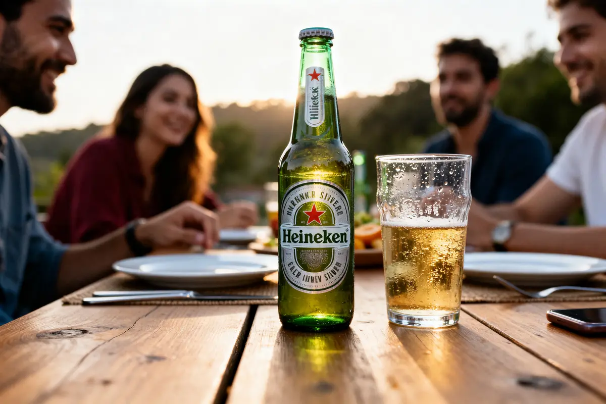 Groupe d'amis autour d'une table partageant une bière Heineken Silver en extérieur