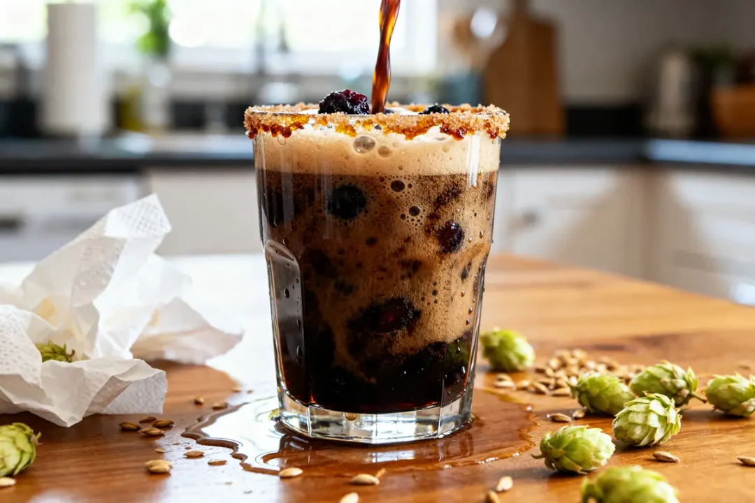Verre de bière Imperial Stout versée, avec houblon et miettes sur table en bois