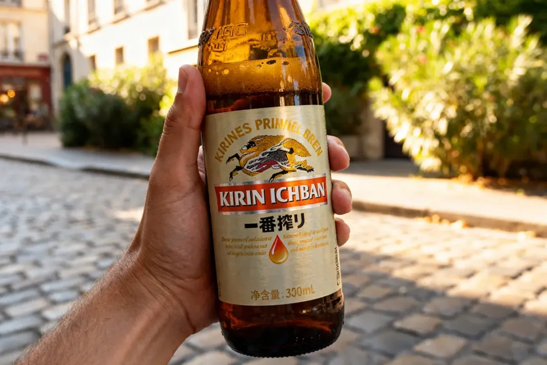 Main tenant une bouteille de bière Kirin Ichiban dans une rue pavée ensoleillée