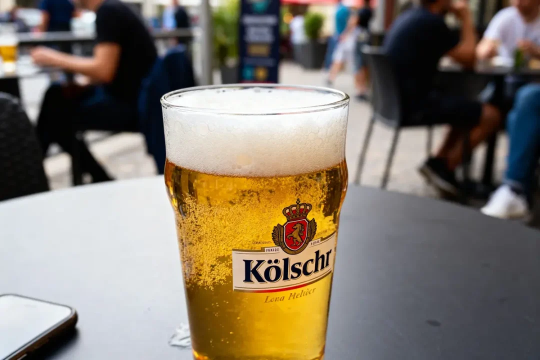 Verre de bière Kölsch pétillante sur une table en terrasse animée