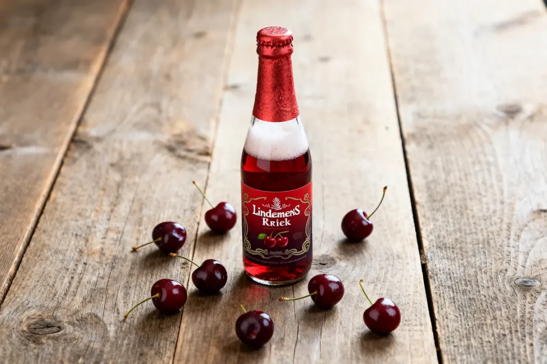 Bouteille de bière Lindemans Kriek entourée de cerises sur table en bois rustique