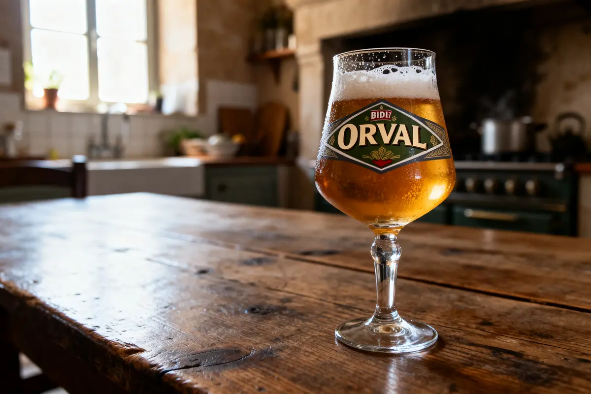 Verre de bière Orval sur une table en bois dans une cuisine rustique